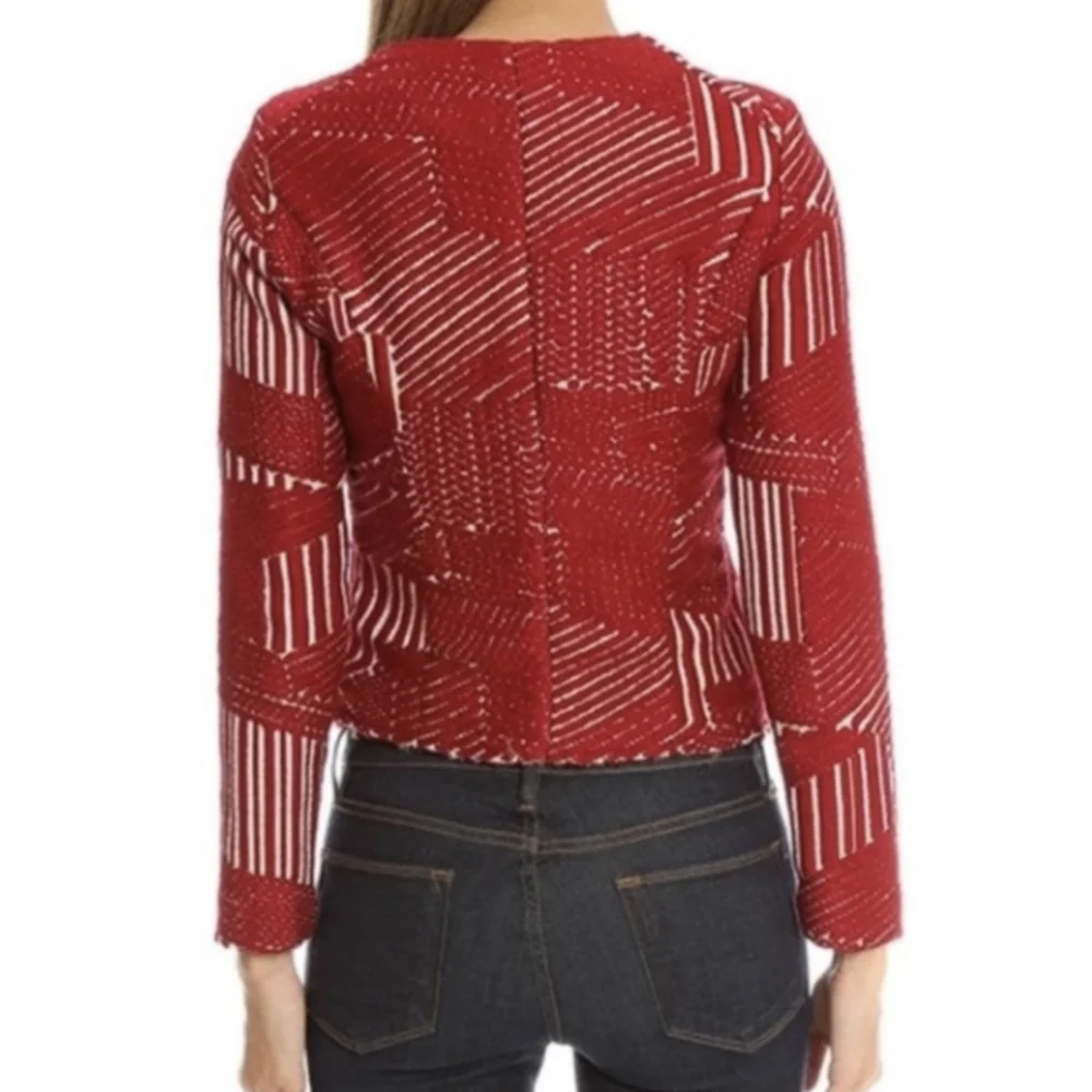 IRO Red Geometric Tweed Boucle Moto Jacket Raw Egde